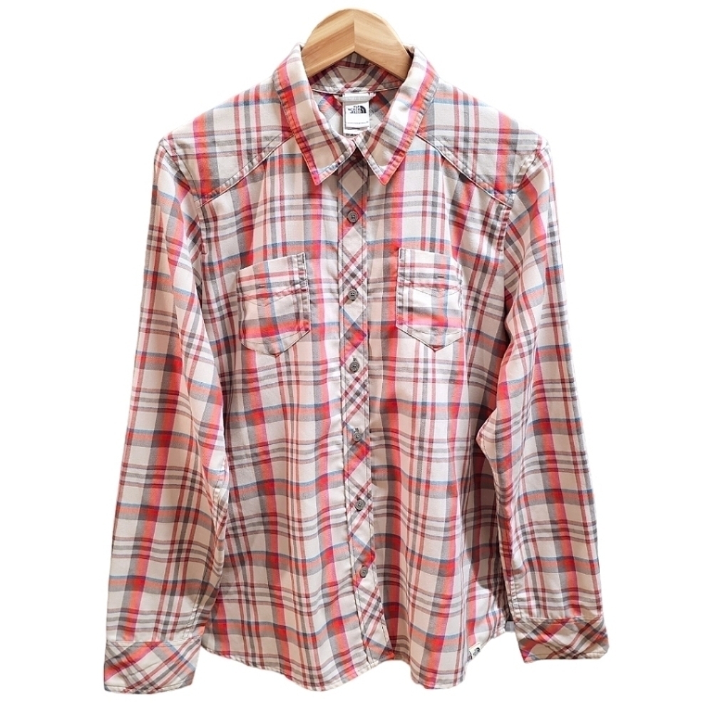 The North Face Plaid Button Up Shirt Size XL Orange Pockets Outdoor Hiking Fall